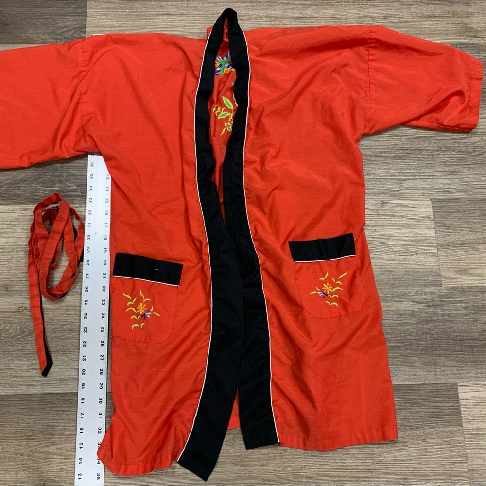 Embroidered Red Kimono Jacket with Black Trim